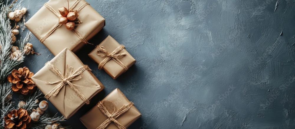 Poster flat lay of gifts for special occasions with copyspace on a gray background