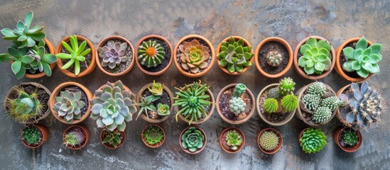 Round arrangement of cacti and succulents in pots on a wooden surface top view. with copy space image. Place for adding text or design
