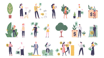 Tiny people with money. Budget elements, different poses persons, woman waters money tree, man rolls large coin, holding bill, millionaire on full bags, businessman with cash, vector set
