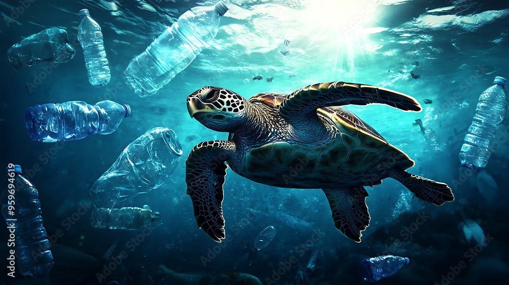 Wall mural Sea Turtle Swimming Through Plastic Pollution