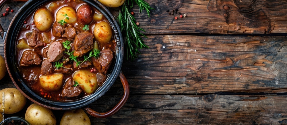 Poster Lamb stewed with potatoes in spices and sauce in a soup bowl on the table Horizontal image. with copy space image. Place for adding text or design