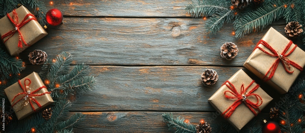 Poster christmas decorations on a rustic wooden surface. with copy space image. place for adding text or de