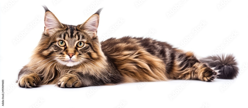 Aufkleber Maine coon cat on a white isolated background in a horizontal layout. with copy space image. Place for adding text or design