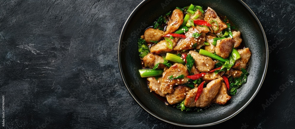 Poster Asian cuisine stir fried pork with Chinese leeks. with copy space image. Place for adding text or design