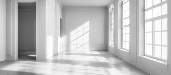 Perspective of a large vacant room featuring blank frames and a window. with copy space image. Place for adding text or design