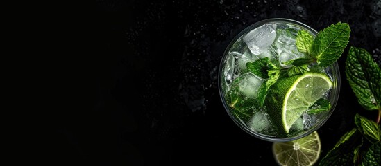 Mojito cocktail a refreshing blend of mint rum and lime served as a cold drink Black background Top view. with copy space image. Place for adding text or design