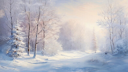 A serene winter forest with snow-covered trees and a peaceful atmosphere.