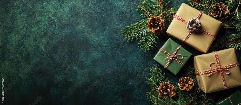 Aufkleber christmas gift boxes featuring craft decor includes space for your greetings top view flat lay. with