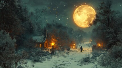 Enchanted Winter Night with a Full Moon Illuminating a Snowy Path, Leading to a Cozy Cottage, Surrounded by Mystical Woods and Softly Glowing Lights