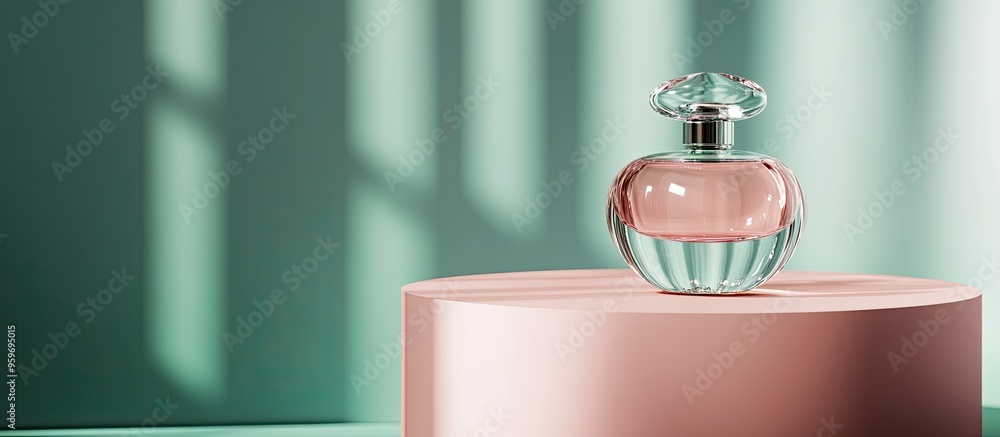 Poster crystal perfume bottle situated on a pink podium against a green background modern luxury fragrance 