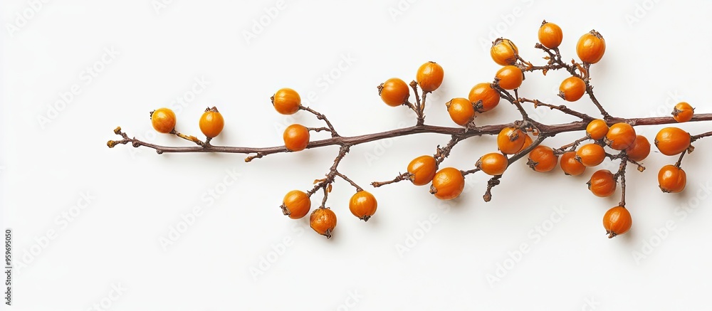 Fototapete sea buckthorn branch set against a white background. with copy space image. place for adding text or