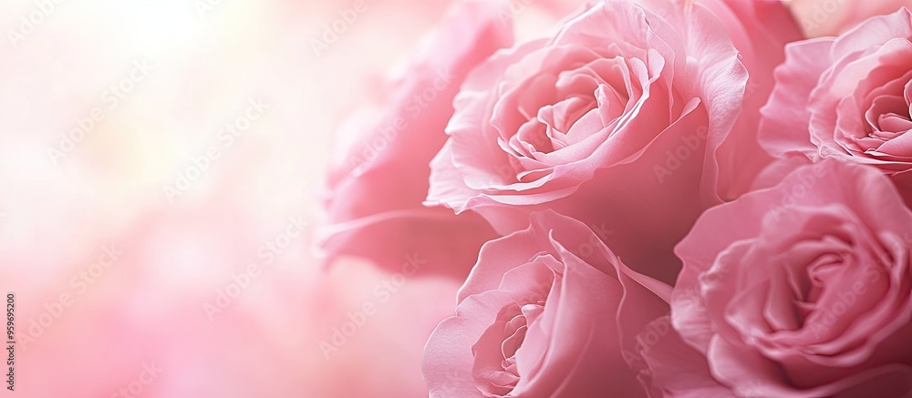 Poster Pink roses on a pink background The image is toned providing space for your text. with copy space image. Place for adding text or design