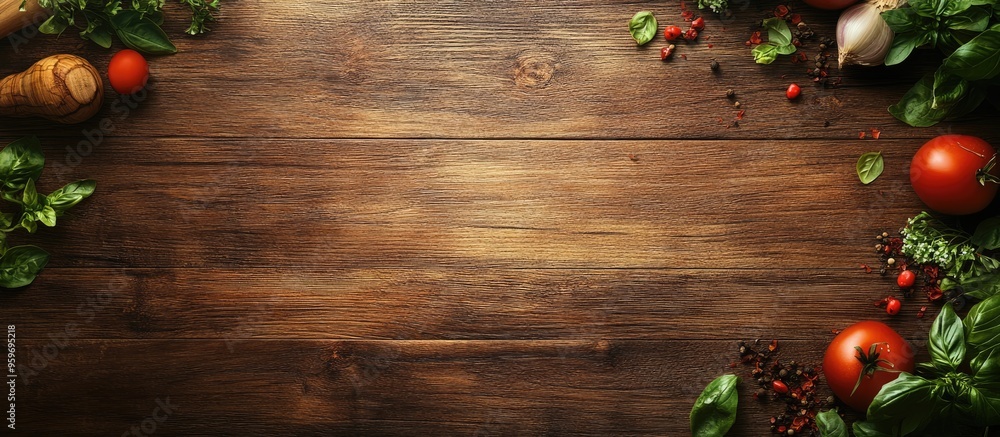 Aufkleber cooking food ingredients on a wooden background. with copy space image. place for adding text or des