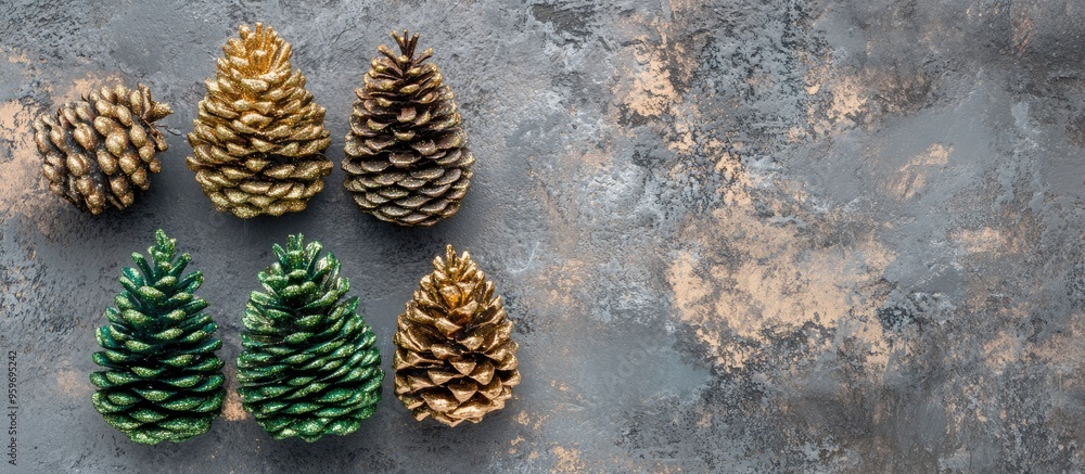 Aufkleber Flat lay featuring Christmas decorations Vivid green and gold decorative cones on a grey textured backdrop Space for text Still life. with copy space image. Place for adding text or design