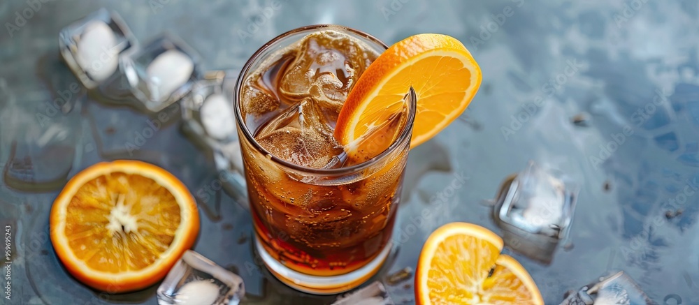 Poster cold brew coffee combined with orange juice a glass of cold coffee with ice set against a grey stone