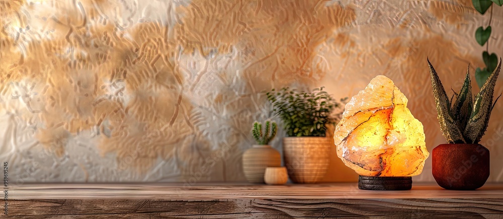 Aufkleber himalayan salt lamp on a wooden table next to a brown wall space for text. with copy space image. pl