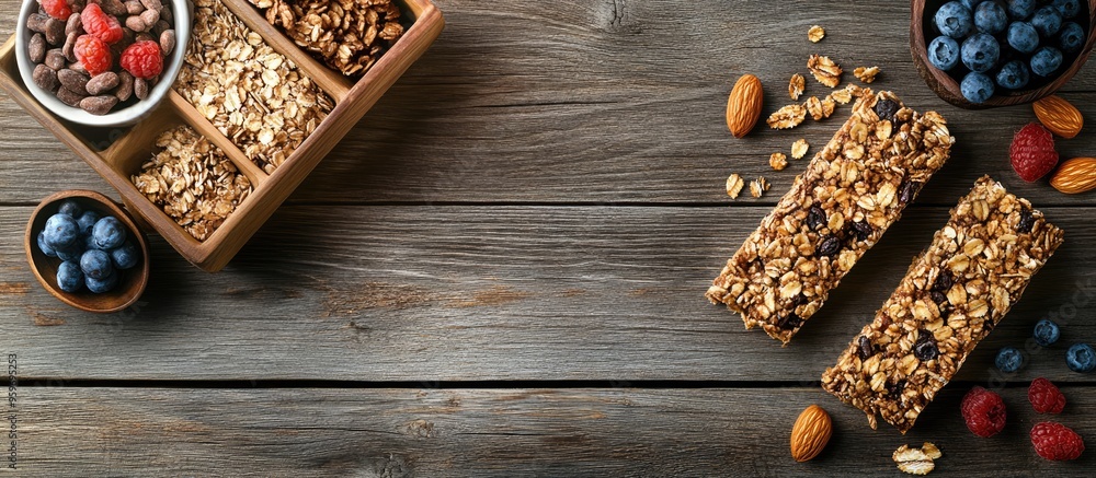Fototapete delicious granola bars and ingredients arranged on a grey wooden table viewed from above room for te