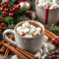 A mug of hot chocolate with marshmallows, surrounded by festive decorations.