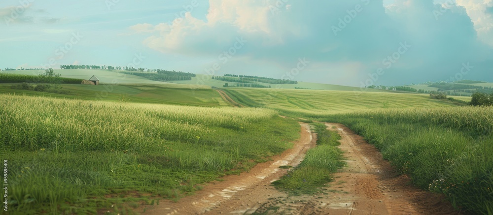 Poster country road leading to a farm. with copy space image. place for adding text or design