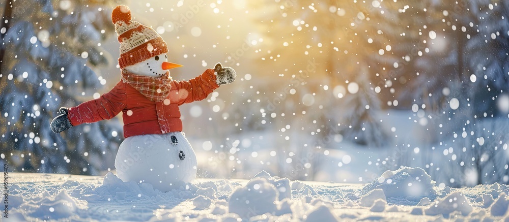 Poster joyful snowman skiing in the snow under a snowy sky with copyspace for a winter or christmas message