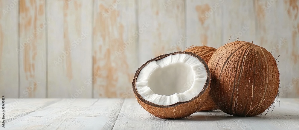 Poster coconut on a white wooden tabletop. with copy space image. place for adding text or design