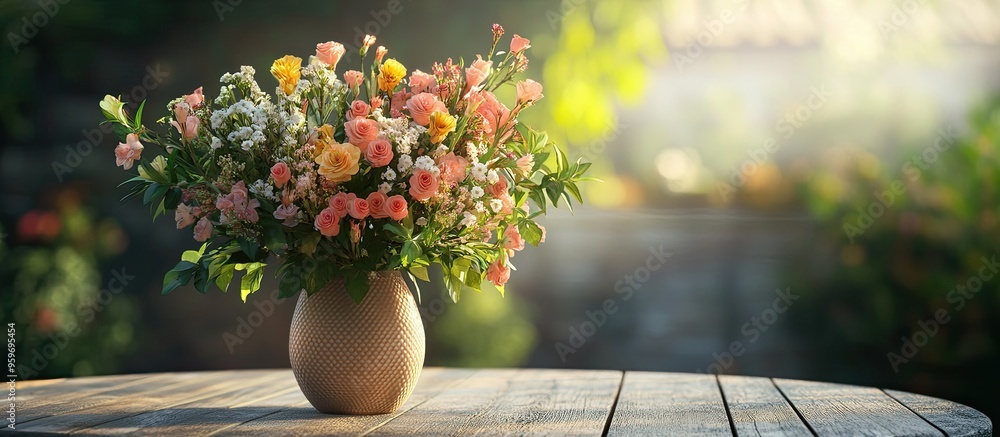 Poster a bouquet of flowers in a vase placed on an outdoor table. with copy space image. place for adding t