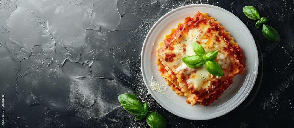 Poster lasagna homemade italian lasagna featuring bolognese meat sauce cheese and basil on a white plate cl
