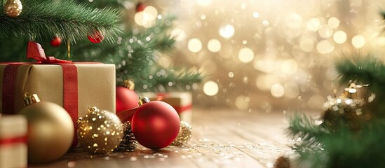 Obraz premium Christmas ornaments Christmas tree presents New Year s. with copy space image. Place for adding text or design