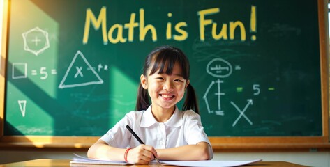 Cheerful Asian school girl writing in class with "Math is Fun" chalkboard message