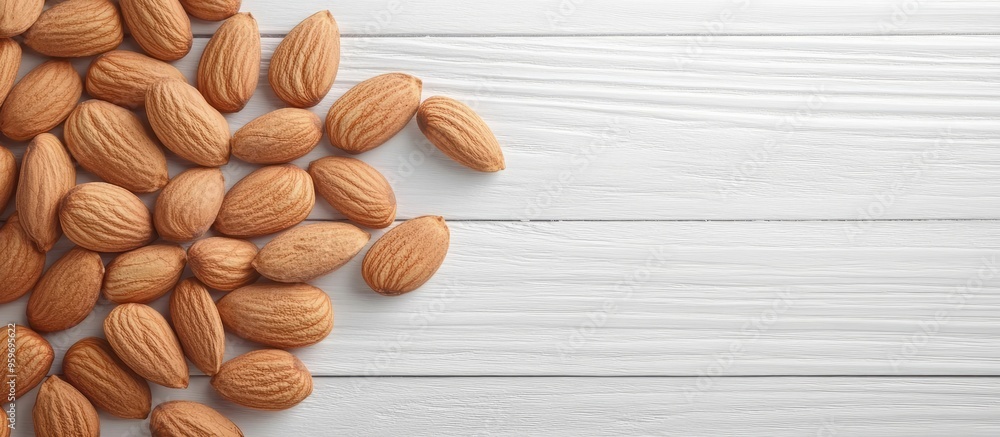 Poster almonds background of a white wooden table. with copy space image. place for adding text or design