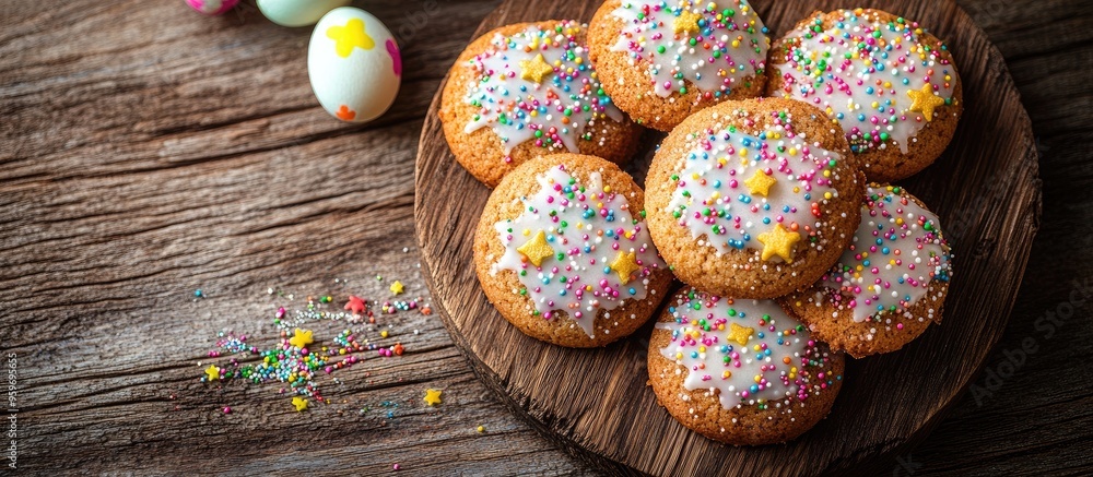 Leinwandbilder easter cookies homemade cookies topped with sugar icing and sprinkles on a wooden background. with c