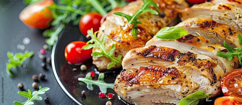 Poster Sliced baked grilled chicken accompanied by cherry tomatoes on a plate Area for text. with copy space image. Place for adding text or design