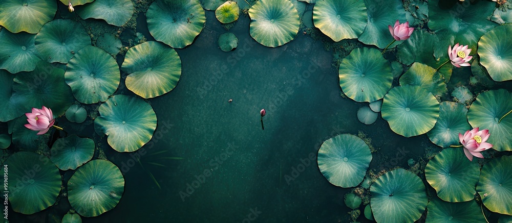Leinwandbilder aerial perspective of lotus plants in a park. with copy space image. place for adding text or design