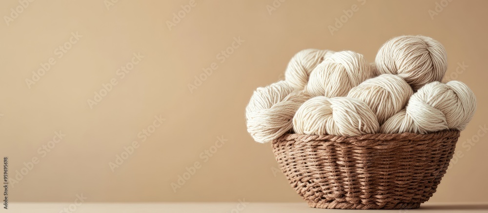 Poster beige woolen yarn skeins for knitting tumbled out of the handcrafted brown basket materials for knit