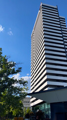 A tall skyscraper, a modern business center against the sky. Urban architecture.