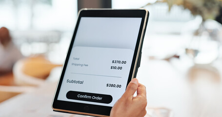 Hands, tablet and online shopping with price, screen and confirm order in home with deal, sale or payment. Person, digital touchscreen and e commerce on ux, customer experience and discount in house