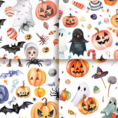 Fototapeta premium Watercolor Halloween Seamless Pattern with Kids Pumpkins Bats and Spiders
