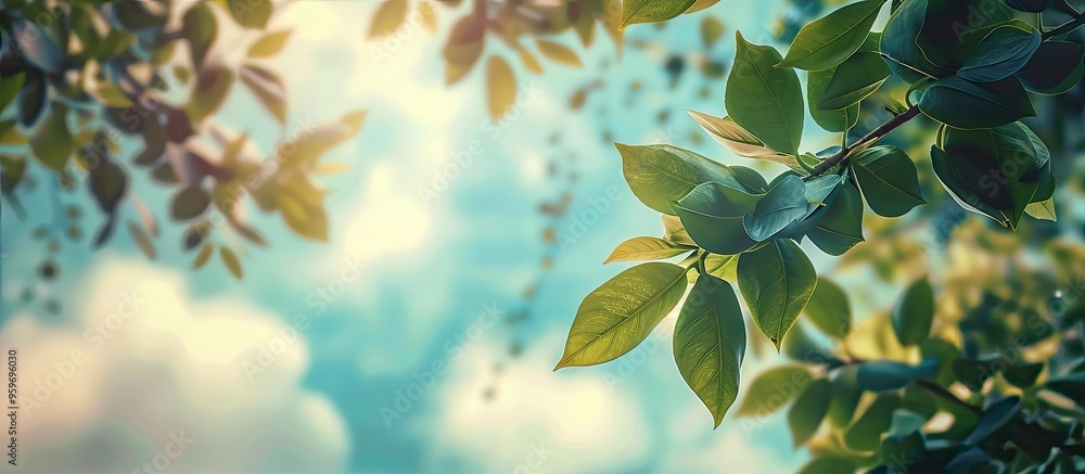 Poster Ficus benjamina branches and leaves soft with selective focus against a blurred background of clouds and blue sky. with copy space image. Place for adding text or design