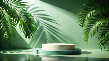 Fototapeta premium The composition features a calm green background with vivid palm leaves framing a circular display stand