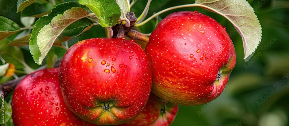 Poster ripe red idared apples are hanging on a tree in the garden an agricultural farm dedicated to apple c