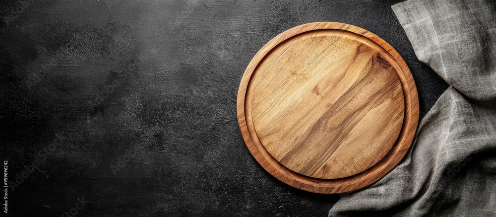 Leinwandbilder empty wooden plate on a black table with a napkin round pizza tray on a dark wooden surface cutting 