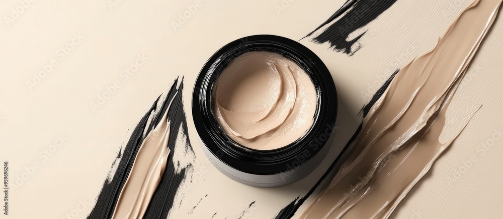 Fototapete An open cosmetic jar set against a backdrop of smeared cream or a cosmetic face mask Purifying and hydrating clay mask Top view flat lay. with copy space image. Place for adding text or design