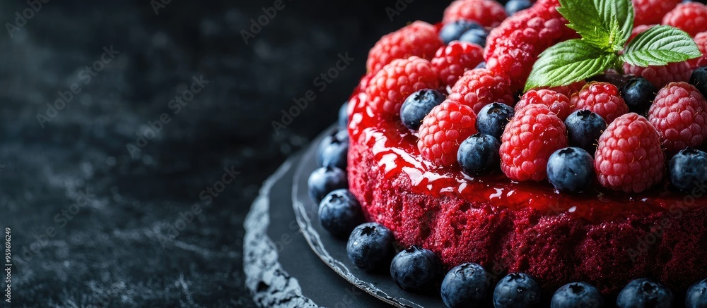 Fototapete homemade cake adorned with raspberries and blueberries on a black backdrop. with copy space image. Place for adding text or design