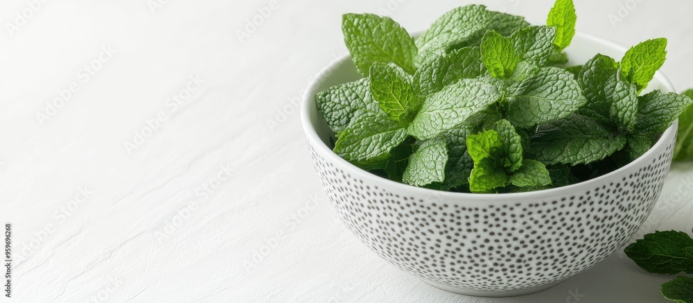 Poster fresh mint leaves close up in a porcelain dish with a handle for chopsticks on a white background. w