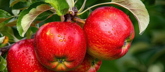 Ripe red Idared apples are hanging on a tree in the garden An agricultural farm dedicated to apple cultivation Picking ripe juicy apples from a tree. with copy space image