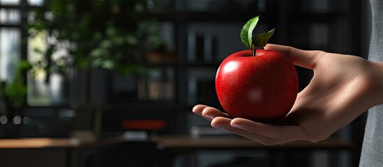 Businesswoman in her office grasping a red apple. with copy space image. Place for adding text or design