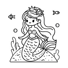 Cute mermaid hand drawn coloring page vector illustration