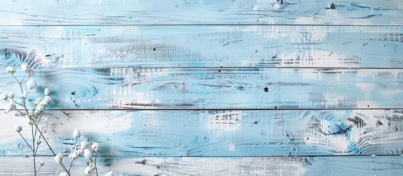 Blue and white Christmas themed border in a flat lay style with copy space on a blue wooden backdrop