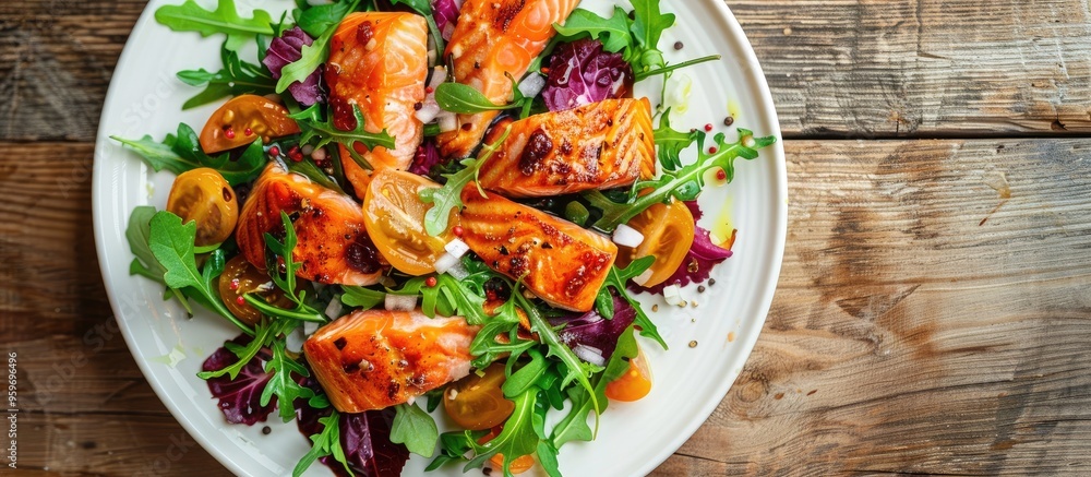Poster salad with smoked salmon and bacon on a white plate placed on a wooden table with copy space