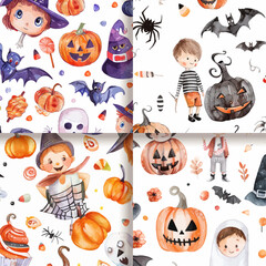 Fototapeta premium Watercolor Halloween Seamless Pattern with Pumpkins Bats Ghosts and Kids